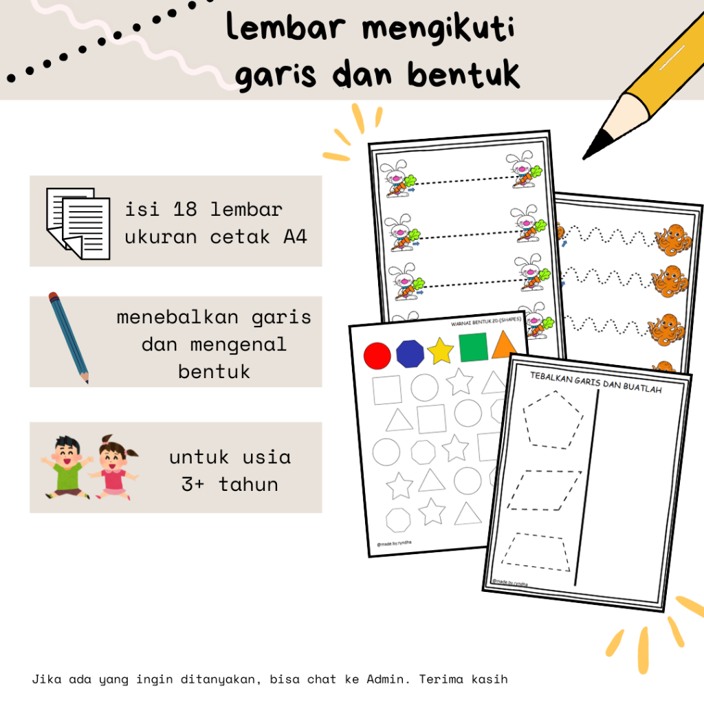 

Lembar Kerja Anak Usia 3 tahun, Worksheet tracing, 15 halaman HVS A4