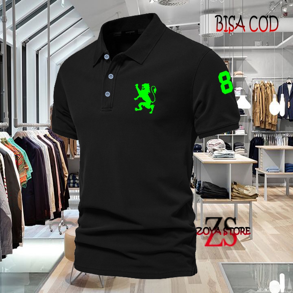 COD T-shrit POLO kerah Singa 8 Text Neon Kaos Kerah Dewasa Shirt / Kaos Wangki Pria Polo / Kaos Sera