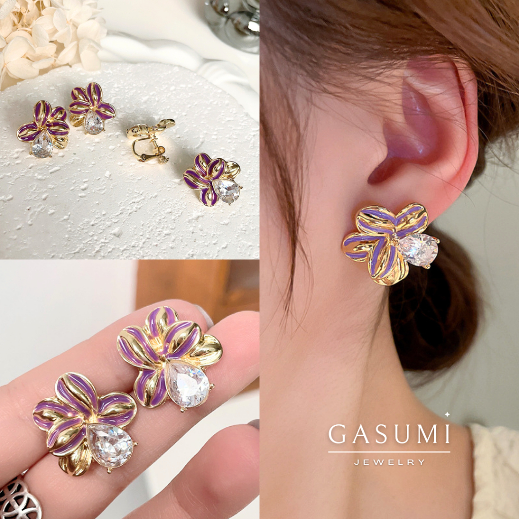 YUKARI - Anting Tanpa Tindik Jepit Sekrup Screw Bunga Kecil Ungu Violet Elegan Wanita Emas Earclip F