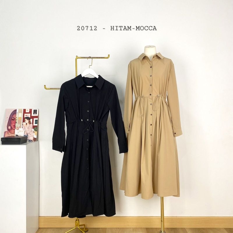 20712 Dress Katun Sliky Polos Variasi Kerah Kemeja Full Kancing Depan Pinggang Serut Premium/ Tunik 