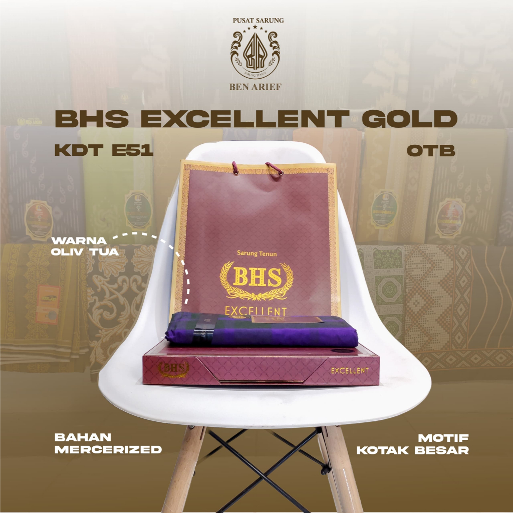 Sarung BHS Excellent Gold KDT E51 Original, Bahan Katun Mesres Oliv Tua Kotak Besar, Kain Lembut bhs