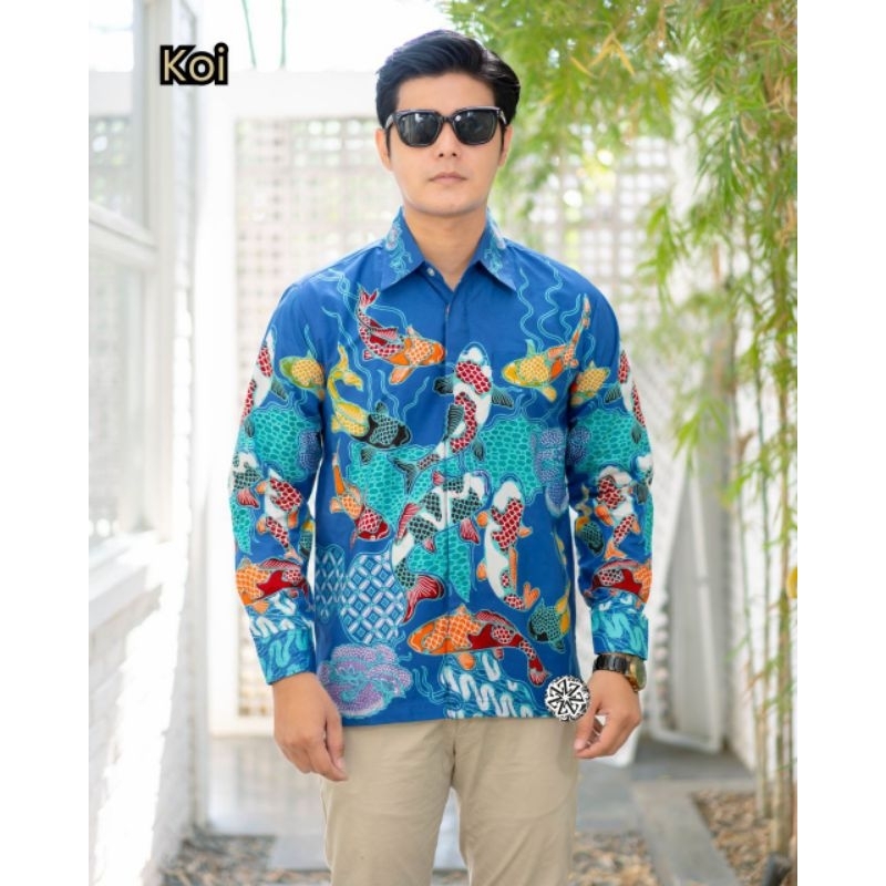 Kemeja Batik Tulis Pria Lengan Panjang Lapis Trikot Motif Koi - Biru Tosca