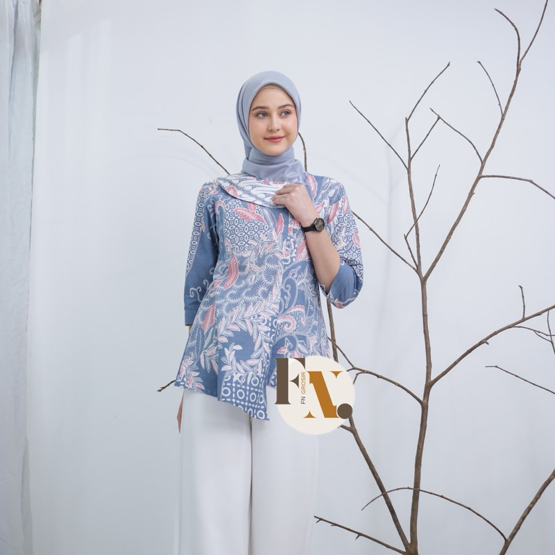 Blouse Batik Wanita Modern Atasan Batik Kerja Baju Batik Wanita Motif Fea Pasti Ori