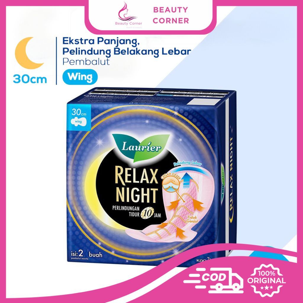 (Sachet) Laurier Relax Night Wing 30cm Isi 2 - Pembalut Wanita