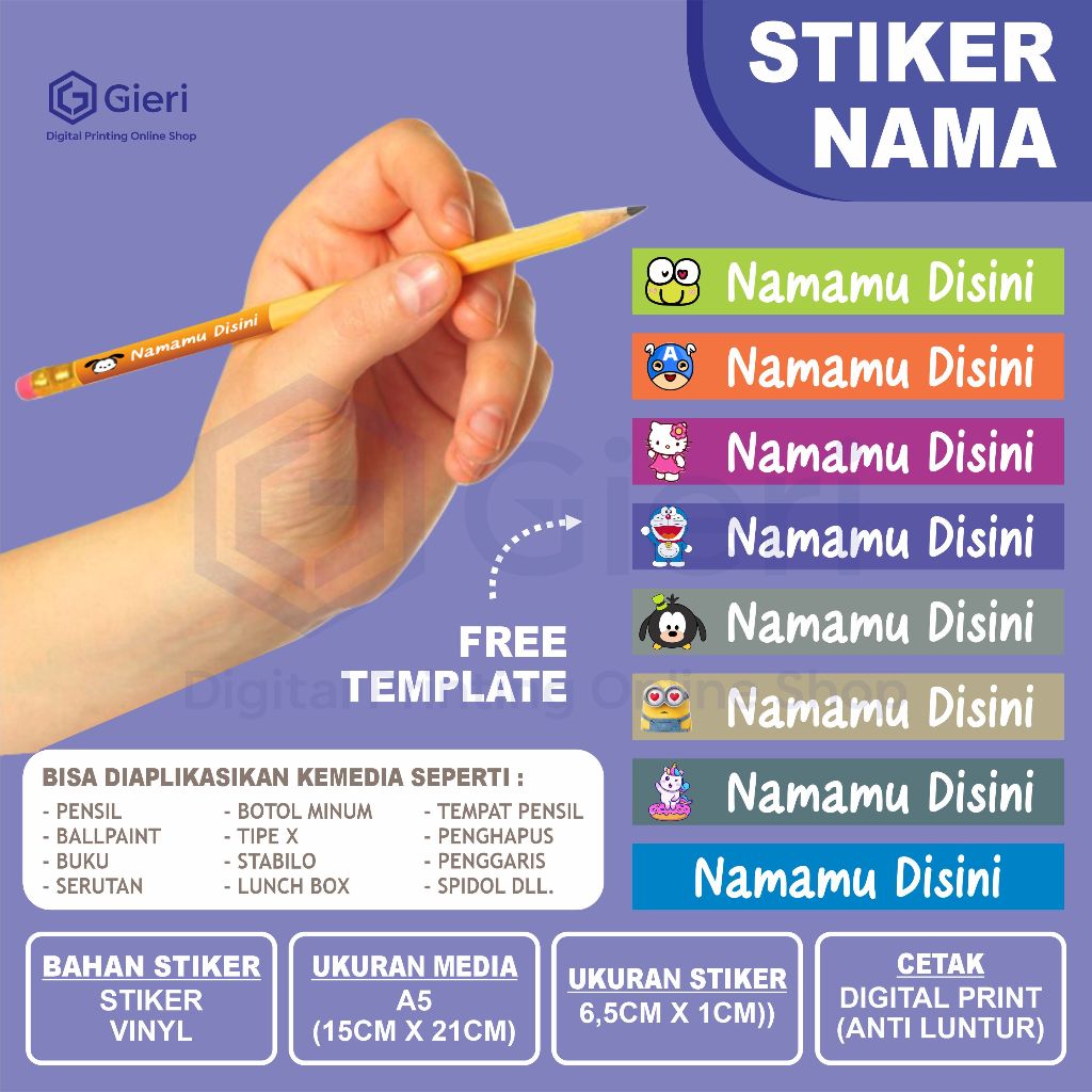 

GIERI - STIKER NAMA UNTUK MEDIA PENSIL DLL / ISI 40PCS