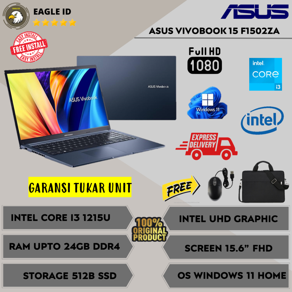 LAPTOP BARU ASUS VIVOBOOK 15 F1502ZA INTEL CORE I3 1215U 24GB 1TB SSD 15.6'' FHD WINDOWS 11 ORIGINAL