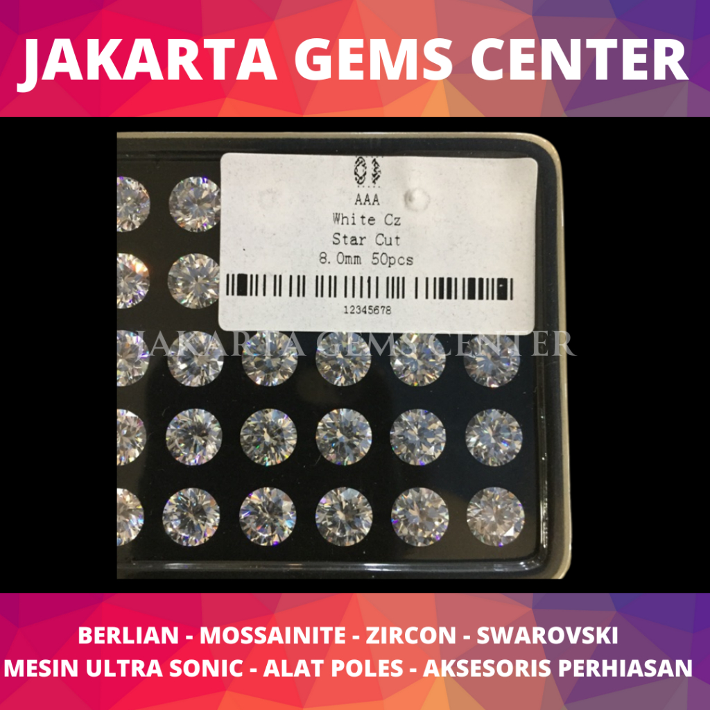 Batu Permata Zircon Star Cut AAA 8.00 mm White Round