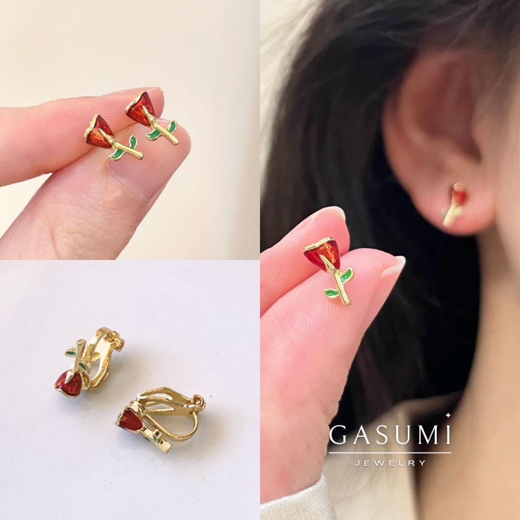 EROS - Anting Tanpa Tindik Jepit Bunga Kecil Elegan Wanita Emas Earclip Flower Rose Mawar Small Giwa