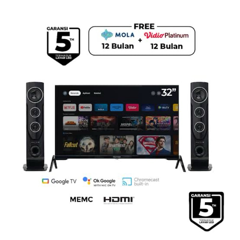 Android tv polytron 32” cinemax speaker tower smart tv polytron 32”