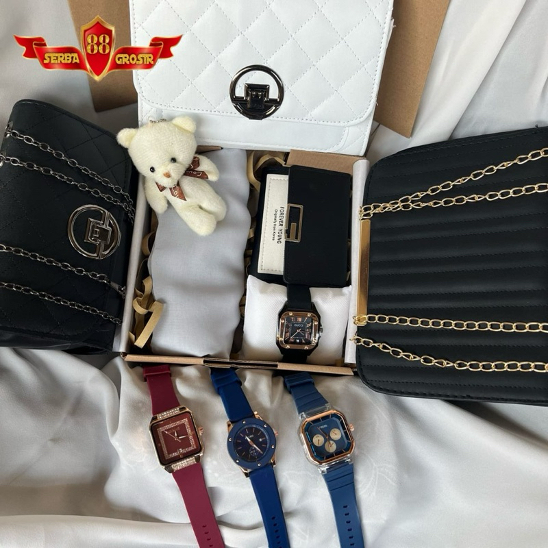 

Hampers Gift Box Cewek / Wanita Exclusive Untuk Kado / Hadiah Isi Jam Tangan || Tas || Dompet Dll / Kado Ulang tahun / Kado Pernikahan / kado Istri / Kado Cewek / Kado Guru / Kado Teman