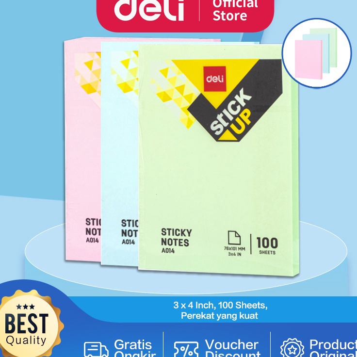 

BARANG TERUPDATE Deli Memo tempel Sticky Notes 1 Sheets perekat kuat tahan lama warna neon eye catching EA143