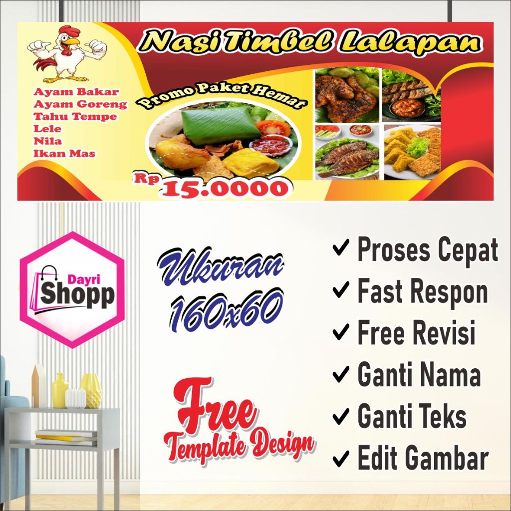 Size  160x60 Cm,Spanduk Banner Warung Ayam Bakar Nasi Lalapan Kedai Terbaru Custom Berkualitas