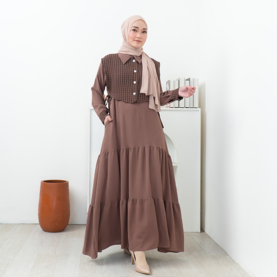 Samira Dress Polos Kombinasi Motif Setelan Baju Gamis + Rompi Outer OOTD Daily Hijab Casual