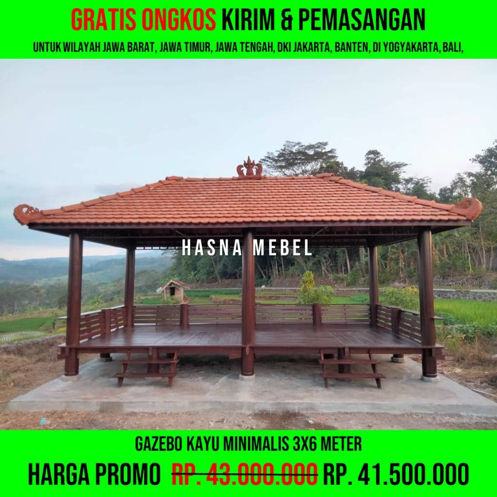 gazebo kayu minimalis depan rumah ukuran 3x6 atap genteng