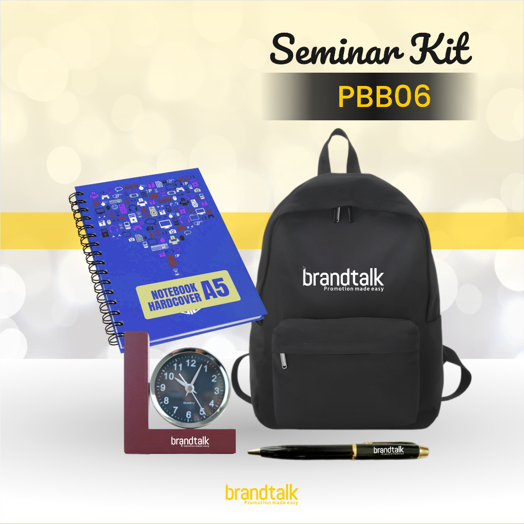 

Paket Seminar Kit Custom - Backpack, Notebook Hardcover A5, Pulpen Besi Grafir, dan Jam Kayu Grafir - PBB6