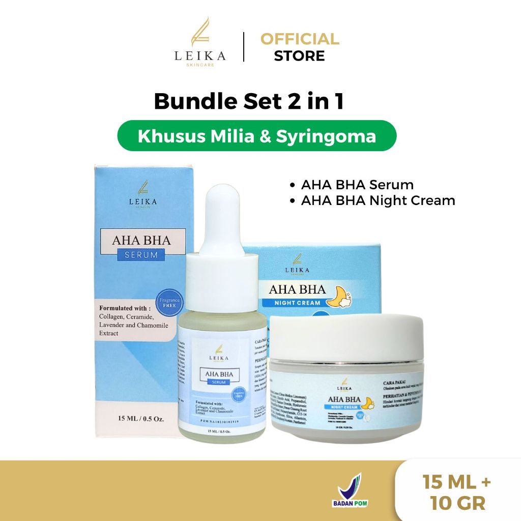 Leika Skincare 2 in 1 AHA BHA Serum & AHA BHA Night Cream Resmi BPOM Paket Skincare Penghilang Milia