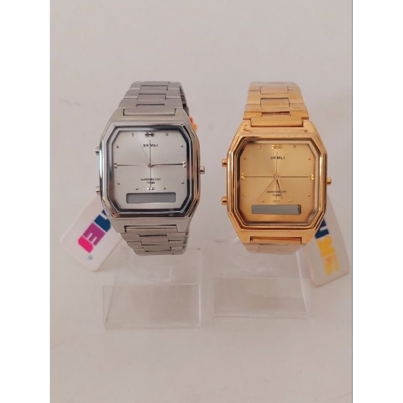 Jam Tangan Cewek Rantai Kotak SKMEI Silver RoseGold Gold Model Kotak Jam Tangan DualTime Analog Digi