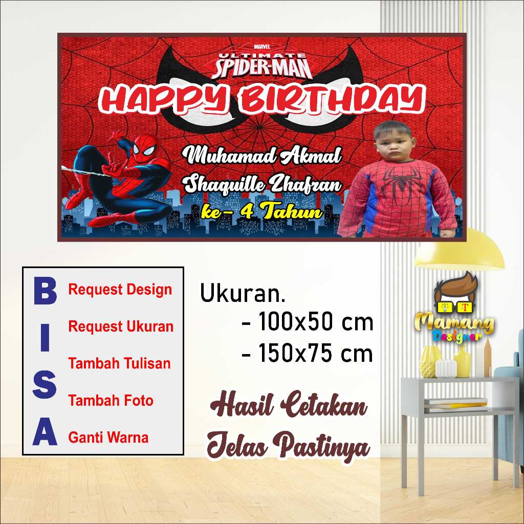 Cetak Spanduk Banner MMT Ulang Tahun Anak Model Spiderman bb