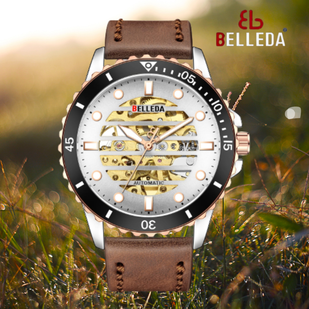 Jam Tangan Pria belleda 9352 Automatis Tali Kulit Branded Anti Air 3Atm Original Watches