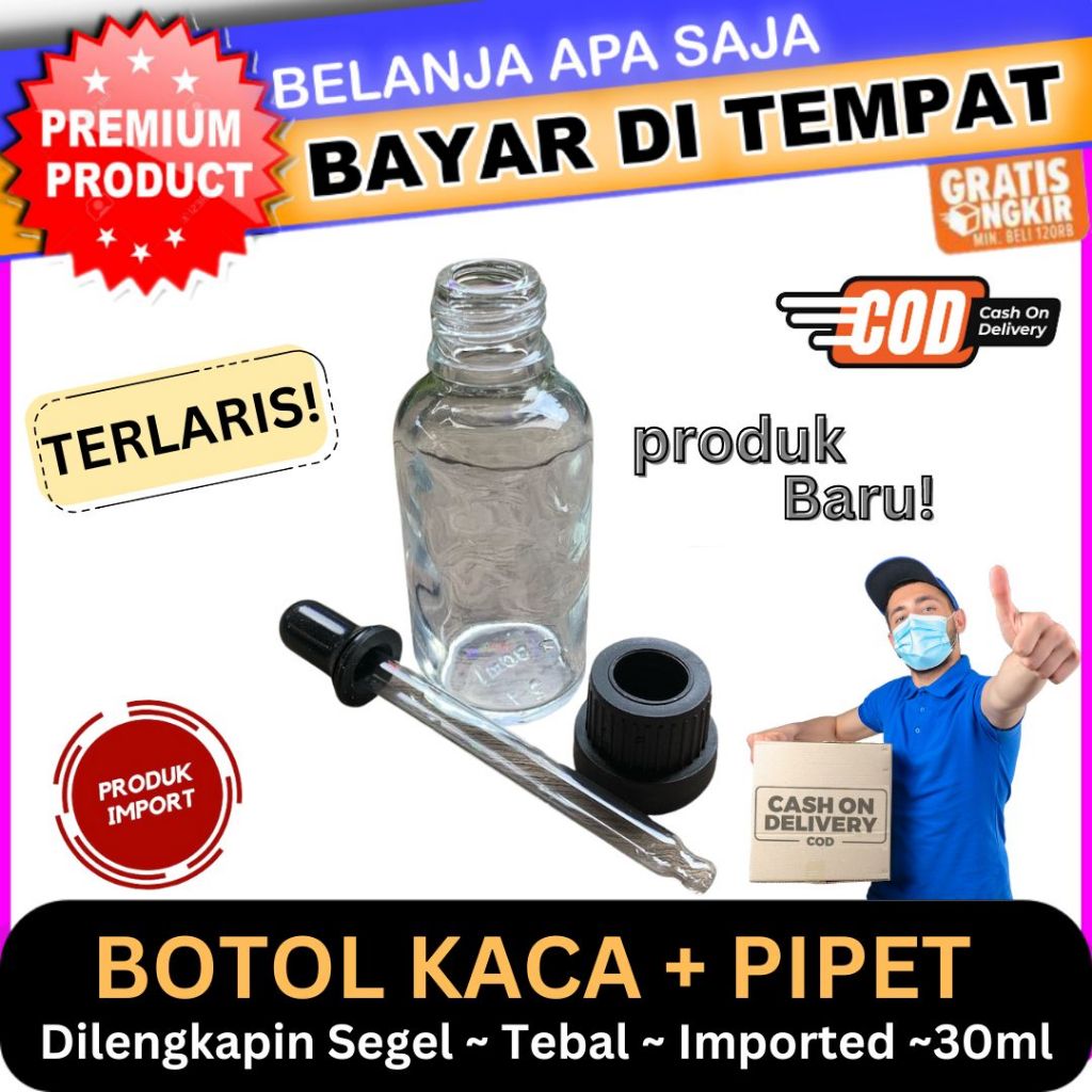 Botol Pipet Kaca 30ml / Glass Bottle Pipette isi 30 ml Dengan Segel Pipet Bulat Kaca Tebal Produk Im