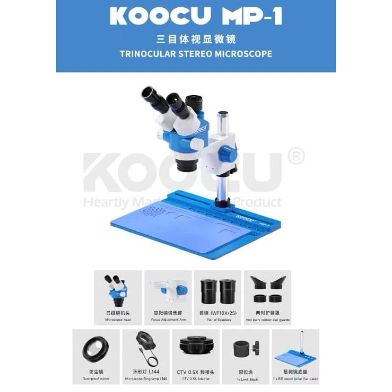 Mikroskop Trinokuler MP1 Stand Geser + Lensa CTV Original Plus Lampu 144 Led High Quality