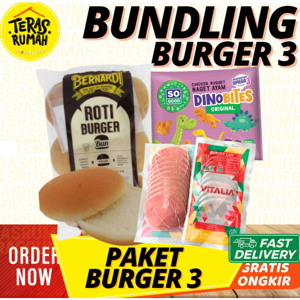 

PAKET BURGER 3 - BERNARDI ROTI BURGER ISI 6, BEEF BURGER & NUGGET AYAM DINO