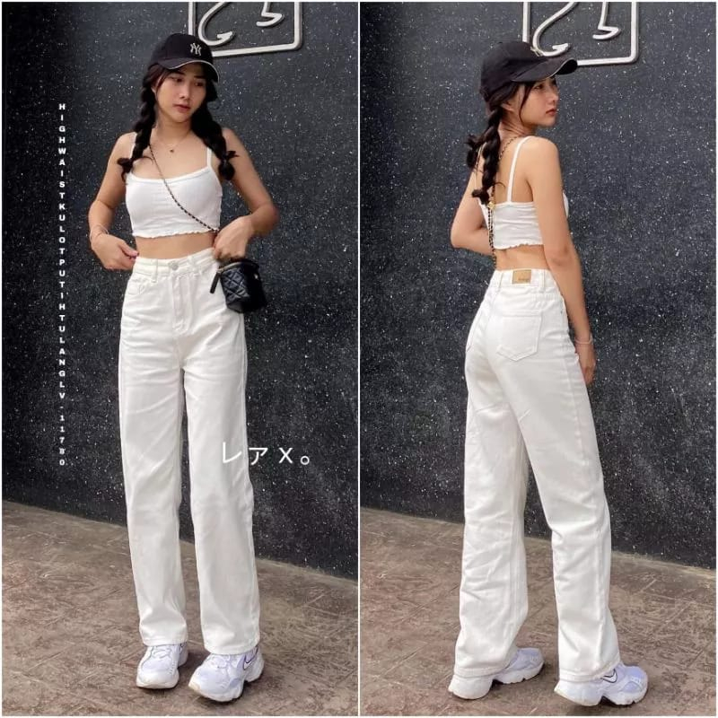 Highwaist Kulot Jeans Wanita Losse Hitam - Highwaist Jeans Kulot Losse wanita - Jeans Putih