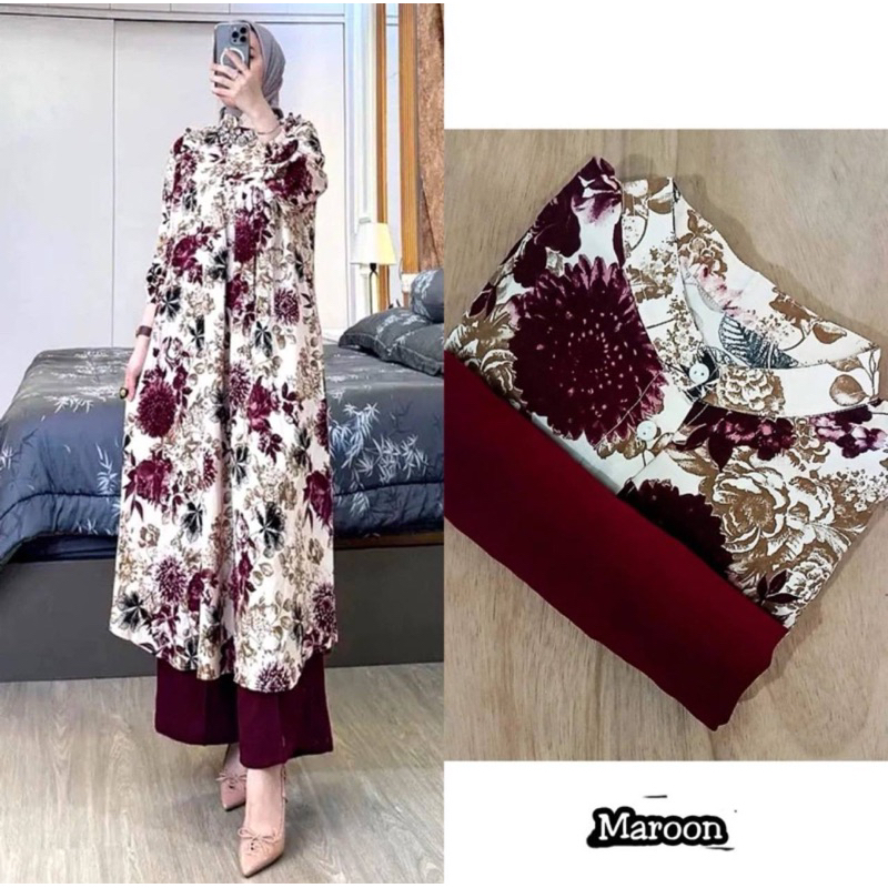 Tunik wanita Rayon diamond Tunik Muslimah Oneset Motif Bunga Terlaris