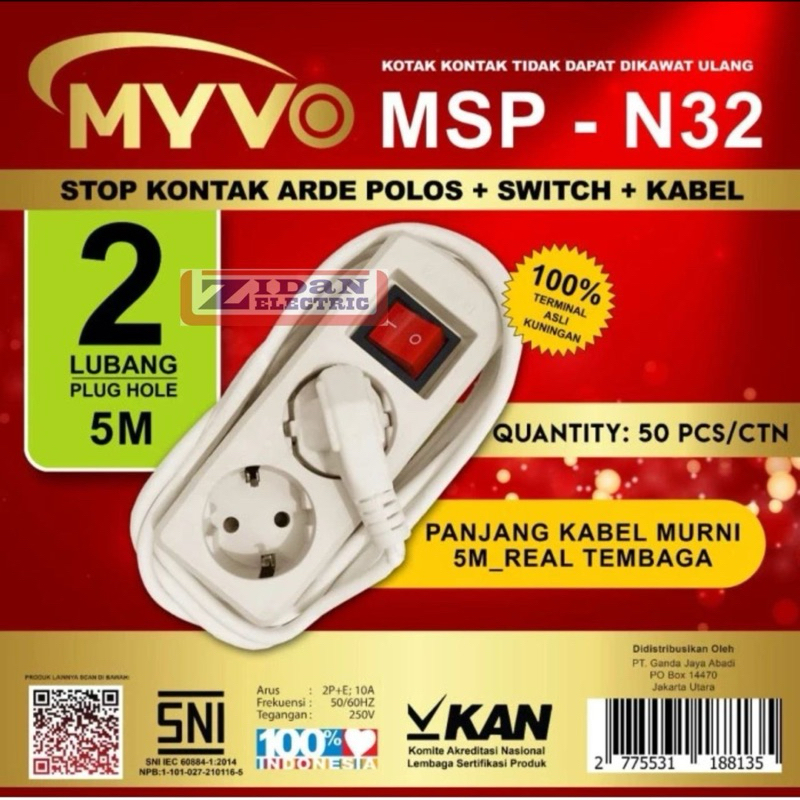 MYVO Stop Kontak Arde 2 Lubang Kabel 5 Meter 5M Terminal Kuningan Saklar Lampu Indikator