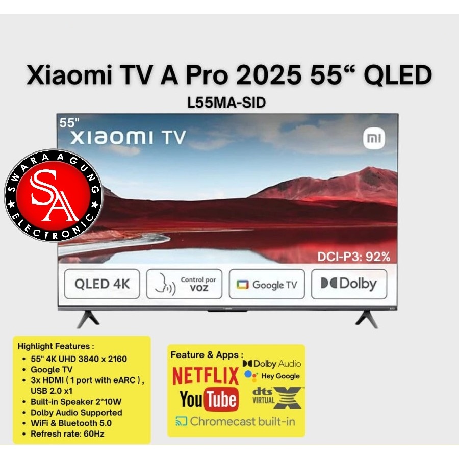 QLED UHD 4K Google TV 55 Inch Xiaomi Type : 55 A PRO 2025 - DTS-X - Dolby ( MEDAN )