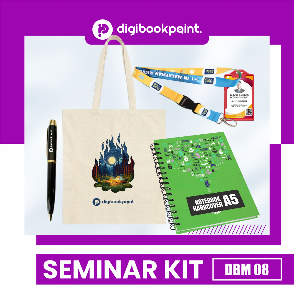 

Paket Seminar Kit Custom - Pulpen Besi Grafir, Notebook Hard Cover A5, Totebag Canvas Custom, Paket Lanyard - DBM 8