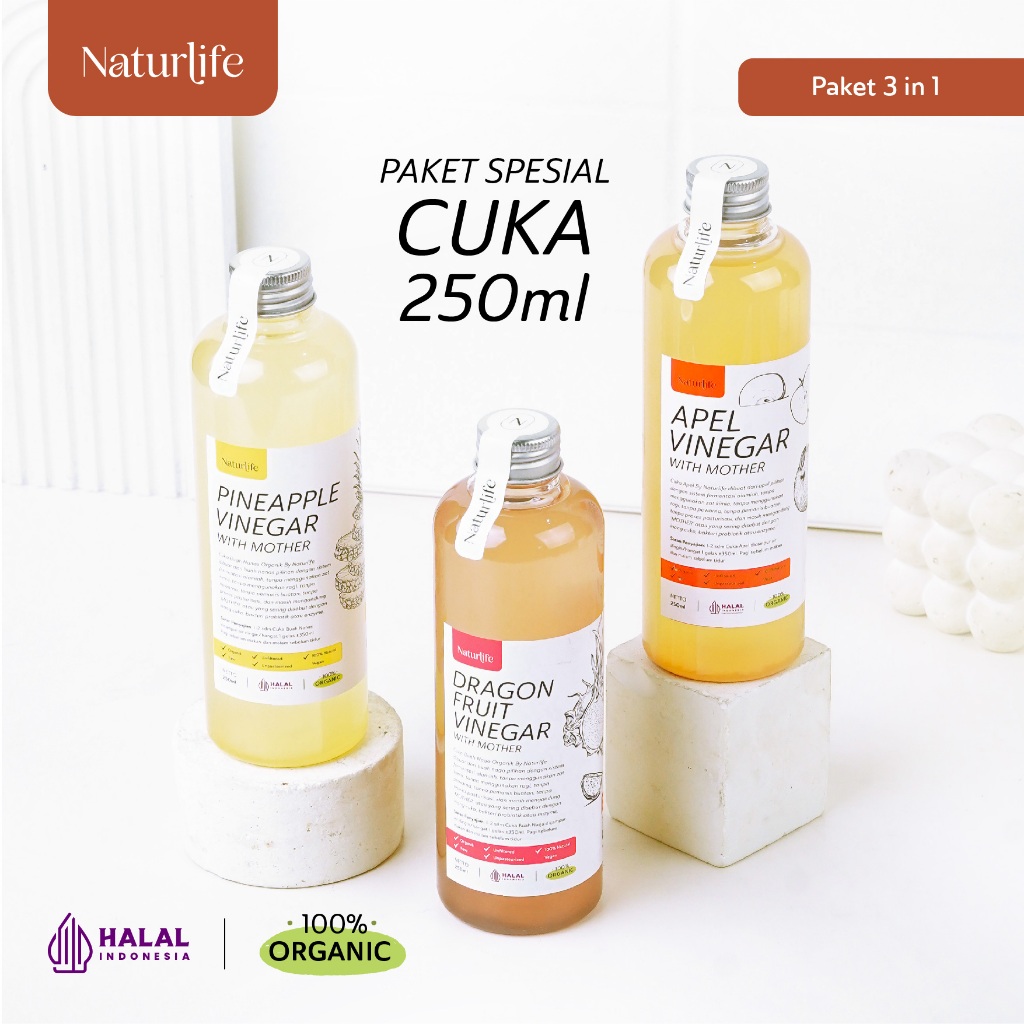 PAKET SPECIAL 250 ML CUKA APEL CUKA NANAS & CUKA NAGA WITH MOTHER NATURLIFE / APPLE CIDER VINEGAR / 