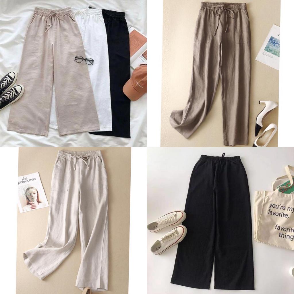 Celana Kulot Linen Premium Pinggang full karet tali di depan kulot wanita highwaist linen celana kul