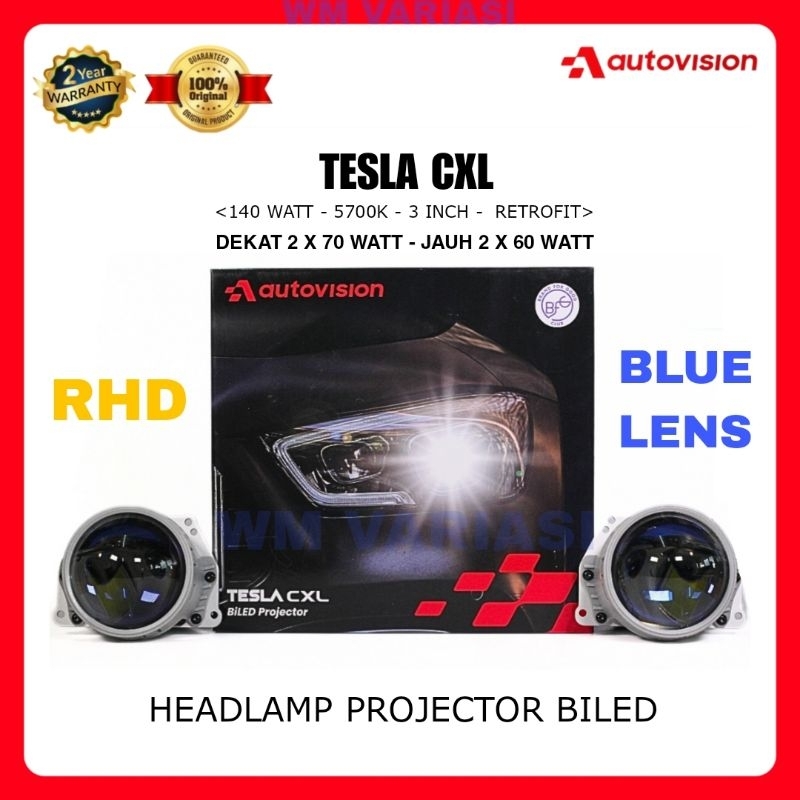 LED Headlamp Projector BiLED 3" Tesla CXL Lampu Depan 3 Inch Blue / Clear Lens 140W 5700K Universal 