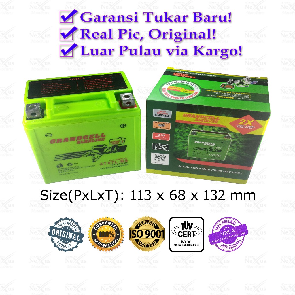 Aki Motor Grandcell Alkaline ATX7L-BS YTX7L YTX7L-BS GTZ8V YTZ8V ATX7F 12V 7Ah KLX Tracker KSR