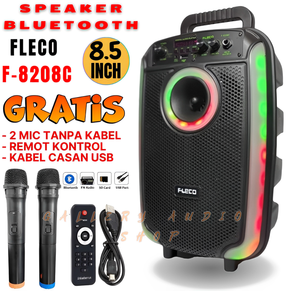Speaker Bluetooth Fleco F-8208C 8'5 Inch Free 2 Pcs Mic Wireless | Speaker Karaoke + Remote Full Bas