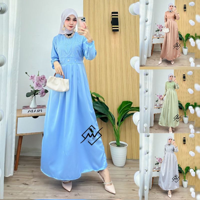 Gamis Wanita Terbaru Mewah Elegan Premium Busui Nagita Dress Satin Brukat Bordir Tille Mutiara Outfi