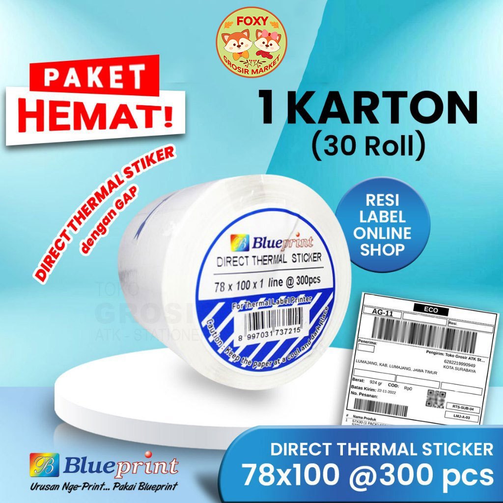 

PROMO HEMAT 78x100 Resi Label Pengiriman Kertas Thermal Sticker Barcode BLUEPRINT 300 Stiker Termal ≈ 80mm < A6 Paket Hemat