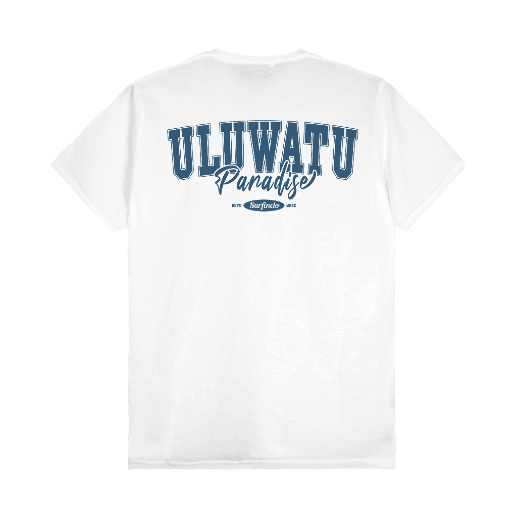 SURFINCLO T-Shirt White Uluwatu Paradise StreetWear Kaos Katun Combed 24s Nyaman Menyerap Keringat