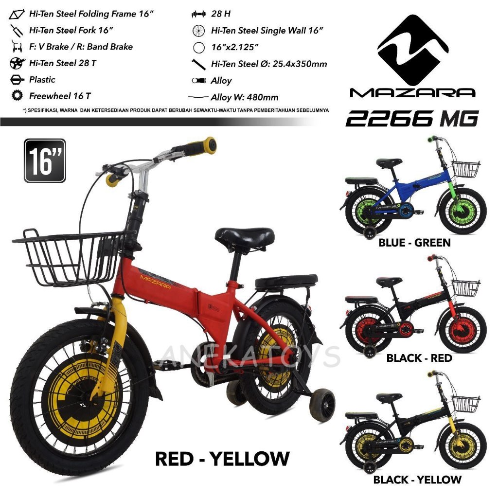 Sepeda Lipat Anak Mazara MZ2266 MG 16/18x2.125 Inch 4-9 Tahun Keranjang Besi