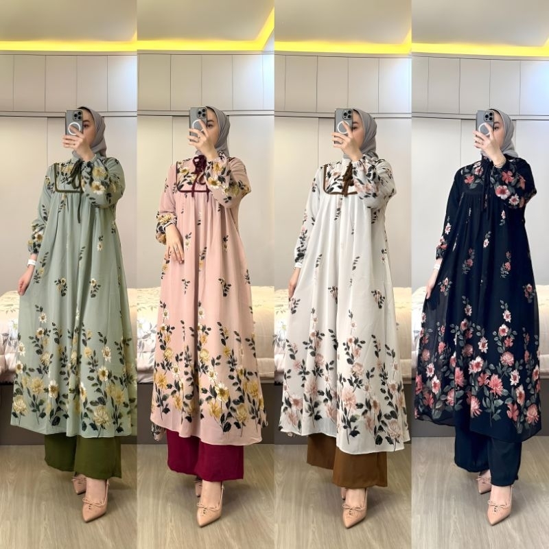SETELAN TUNIK CERUTI MIX KULOT CRINKLE VIRAL PREMIUM MOTIF BUNGA KECIL WARNA SOFT TERBARU VIRAL