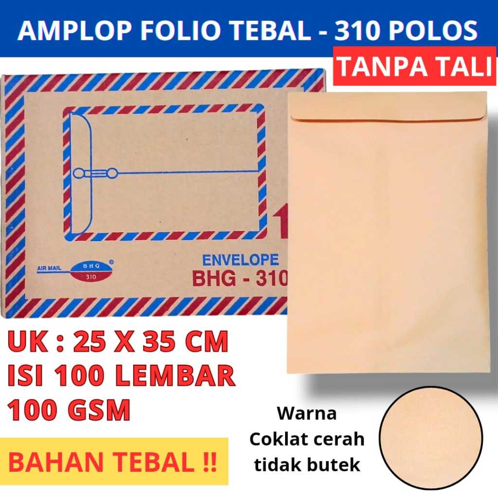 

Amplop Folio Tebal 100 GSM 25x35cm ( POLOS 310 TALI / TANPA TALI )