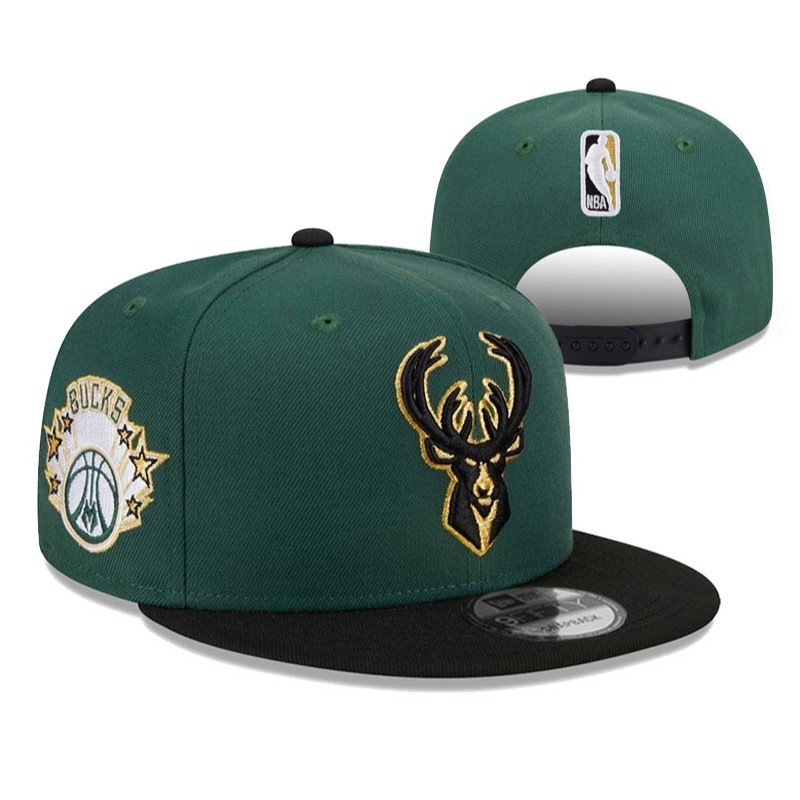 Topi Snapback NBA Basket Milwaukee Bucks Green Black Stars Era Flat Bordir Aksesoris Pria Wanita