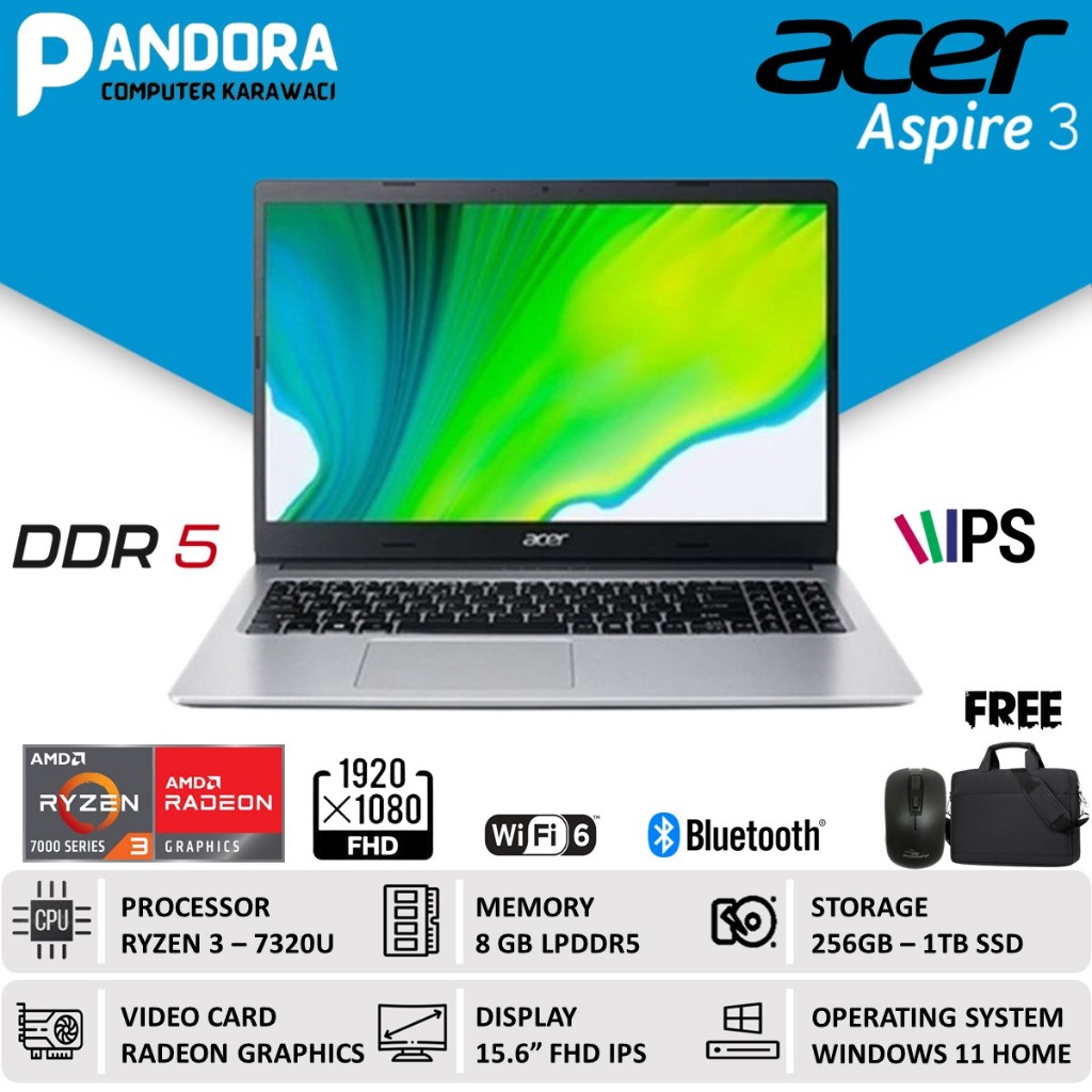 LAPTOP ACER ASPIRE3 A315 AMD RYZEN 3 7320 8GB SSD 512GB WIN11 15.6 FHD TERBARU