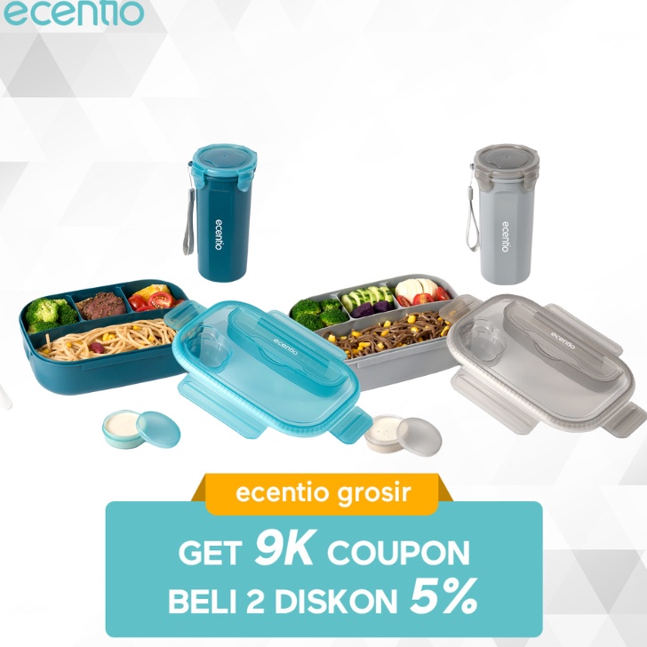 Tawaran ecentio 4 Sekat Grid anti tumpah 12ml Kotak Makan Set anak dan ml botolLunch Box Set 4 Grid 