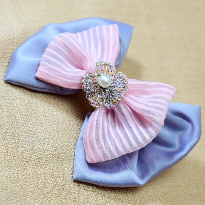 NATHACRAFT Big Bow Hair Clip Pita Satin Besar Jepit Rambut Korea Otomatis Wanita - Light Pink & Grey