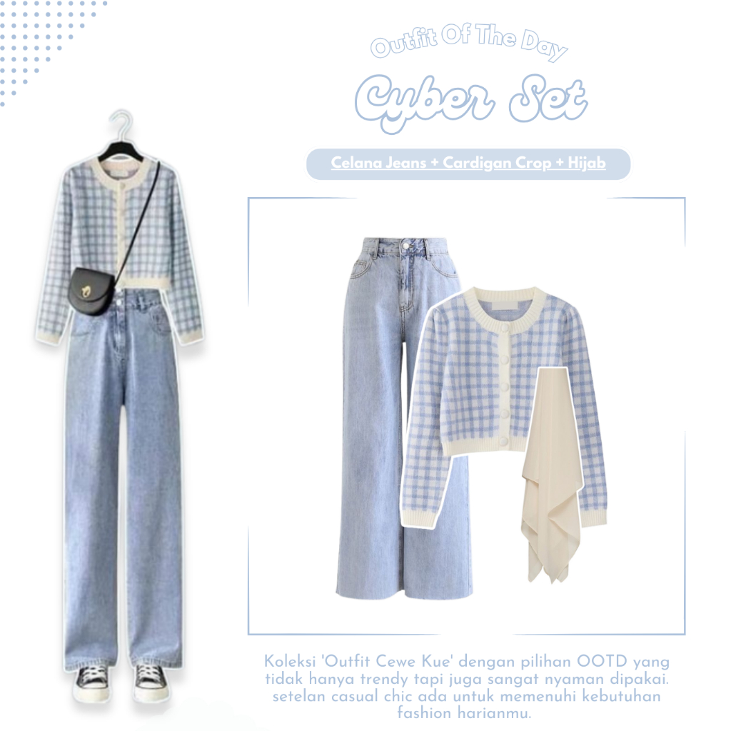 Styl Cyber Set | One Set Korean Style | 1 Set (Cardigan Crop + Celana Jeans + Hijab) | Outfit Hijab