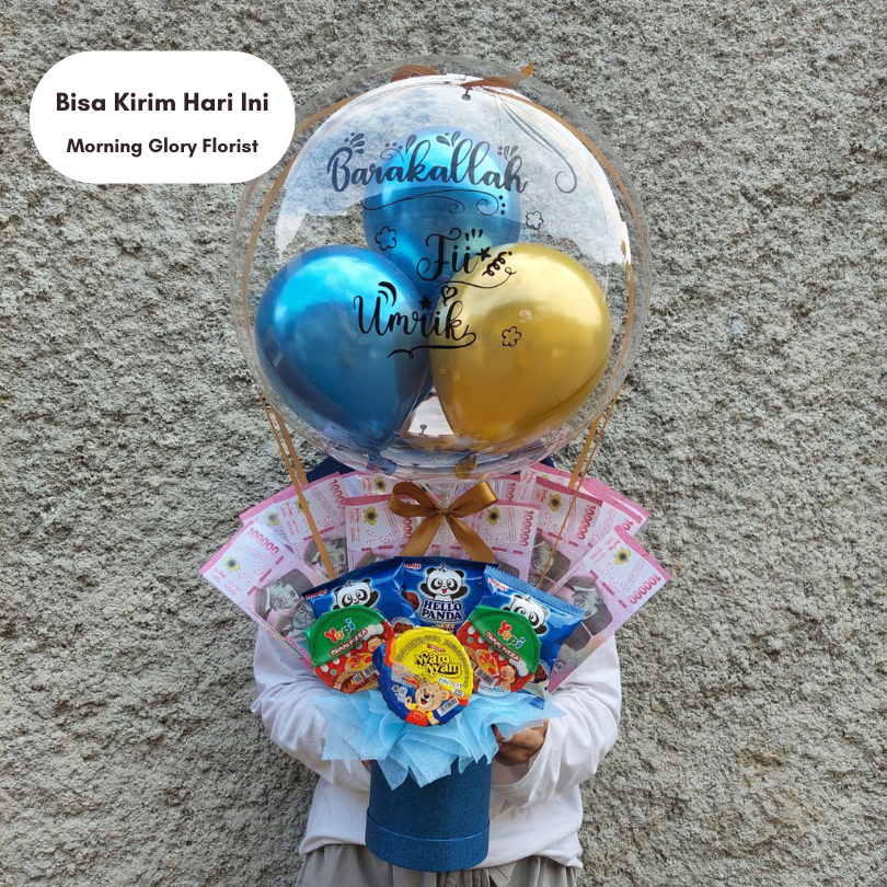 MINDU <Bisa Kirim Hari Ini> Balon Bouquet Buket Bucket Uang + Snack (Isi Uang Sendiri) - Morning
