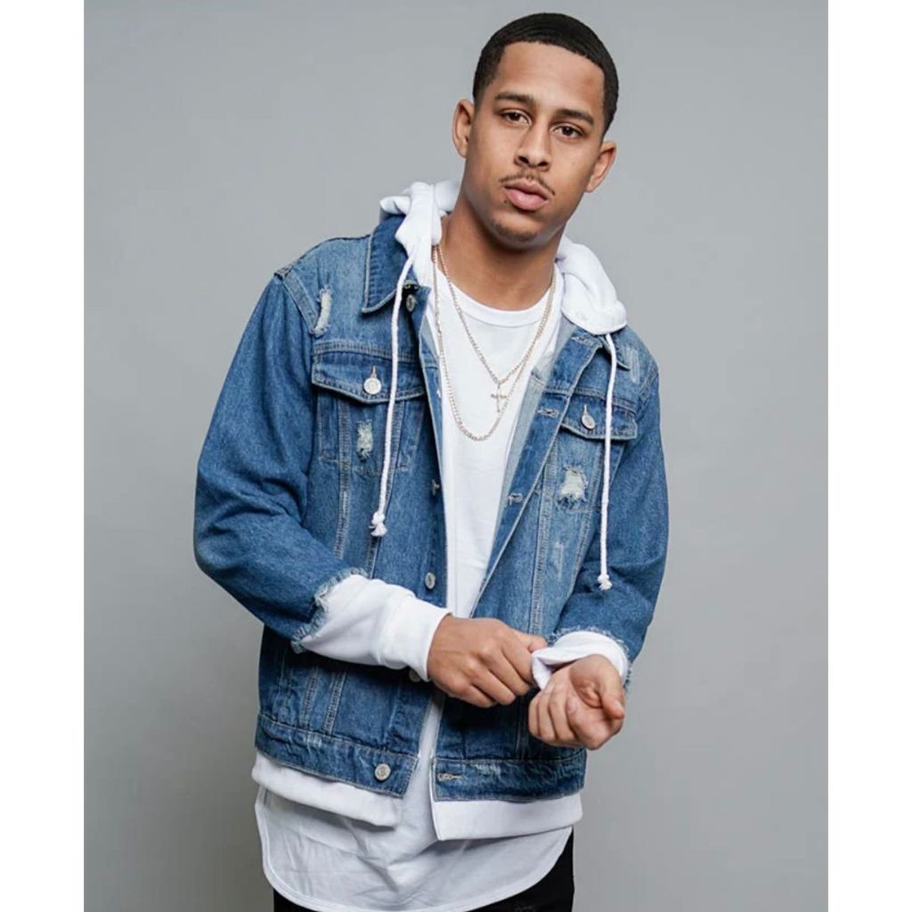 Jaket jeans pria model kupluk kombinasi fleecce terbaru lottoo sobek distro casual cowok keren