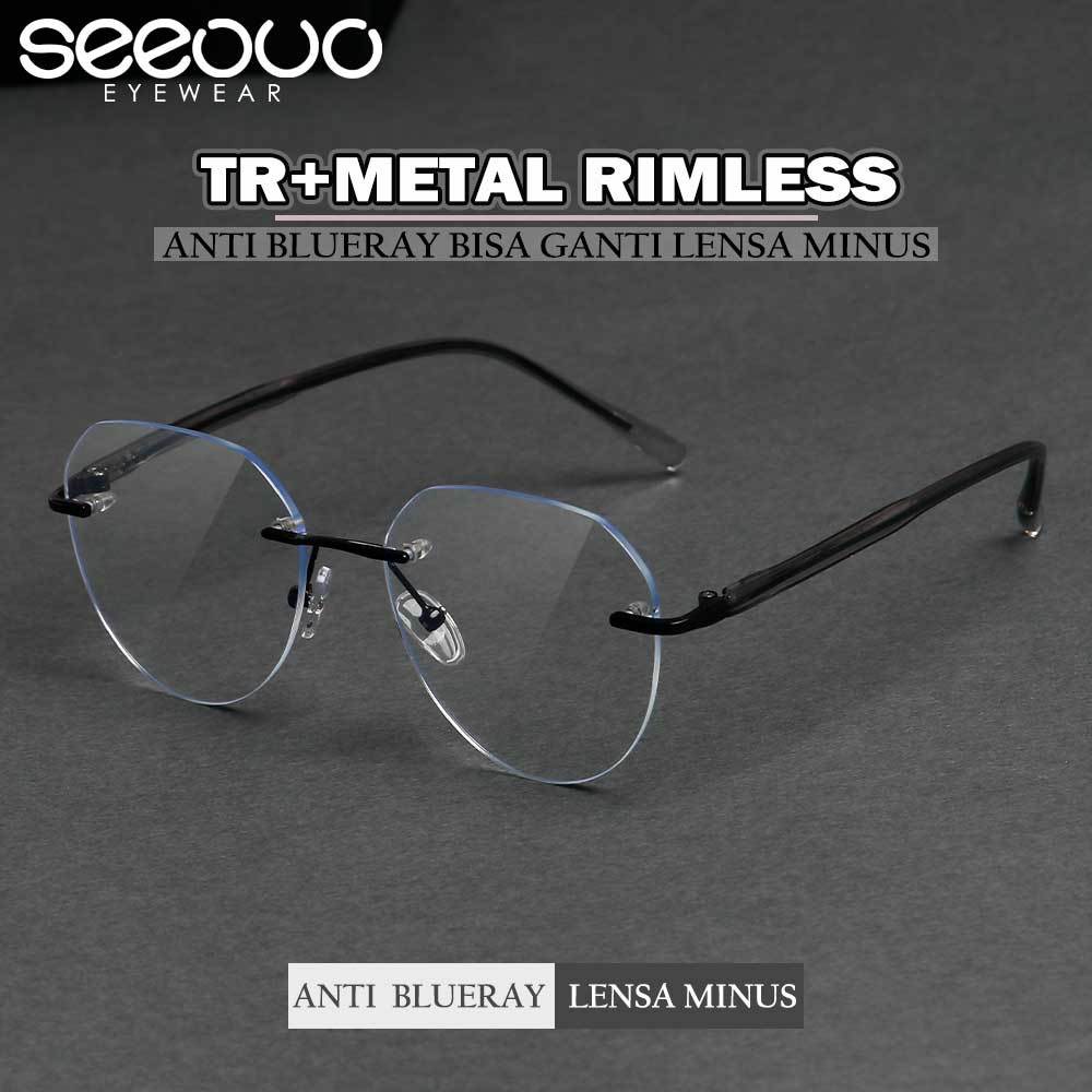 Seeouo Kacamata Antiradiasi Blueray Rimless Style Oval Fashionable Metal+TR90 Ringan Bisa Minus Unis